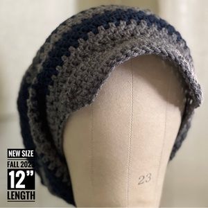 Blue + Gray 12” Extra Slouchy Beanie (Dreadlock Tam) Hat with Brim Visor Unisex